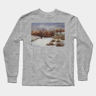 painting of snow snow covered trees and cottages winter snow scene Long Sleeve T-Shirt